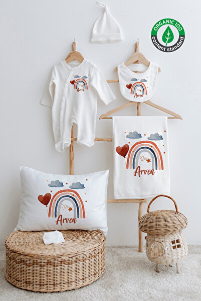 Lilabio %100 Organik Isme Özel Isimli 6lı Hastane Çıkışı Tulum Set Kalpli Gök...