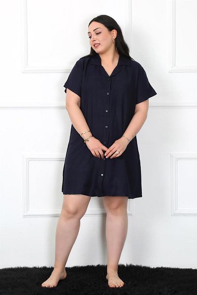Celira Large Size Woven Buttoned Navy Blue Tunic Nightgown 1022