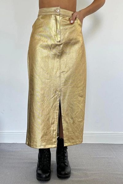 Butik Gold Leaf Gabardine Slit Skirt