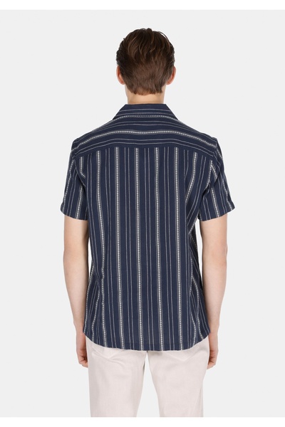 Colin's Regular Fit Shirt Neck Çizgili Erkek Lacivert Kısa Kol Gömlek