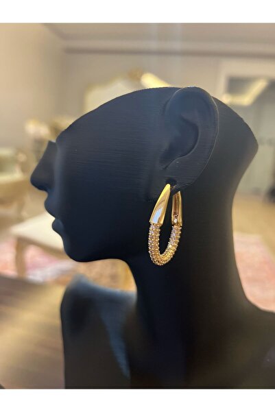 Oval Taşlı Halka Gold Çelik Küpe Özel Seri Abiye Soleste