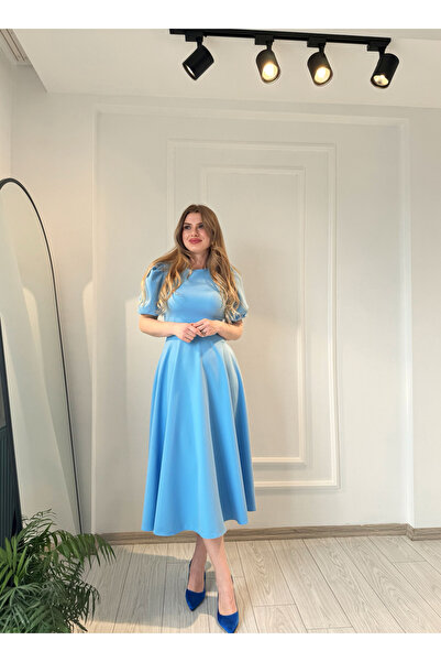 Store Bisiklet Yaka Balon Kol Midi Boy Elbise