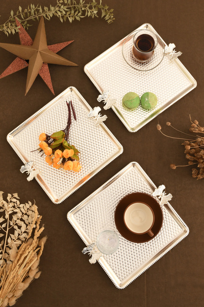 AKSESUAR EVRENİ Karev Square Honeycomb Model Butterfly Detailed Presentation Tray Silver Set of 3