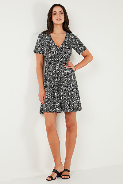 Lela Çiçek Desenli Kruvaze Yaka Fitilli Elbise  Elbise 5864505y6