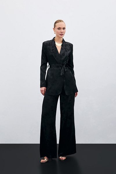 Sateen Wide Leg Patterned Trousers - Black
