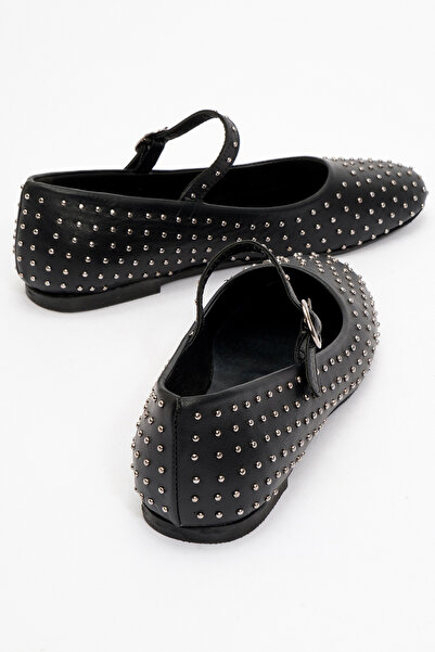 Dericlub Women's Hard Hat Stone Ballerina Shoes - Real Leather Zy 8025 Black