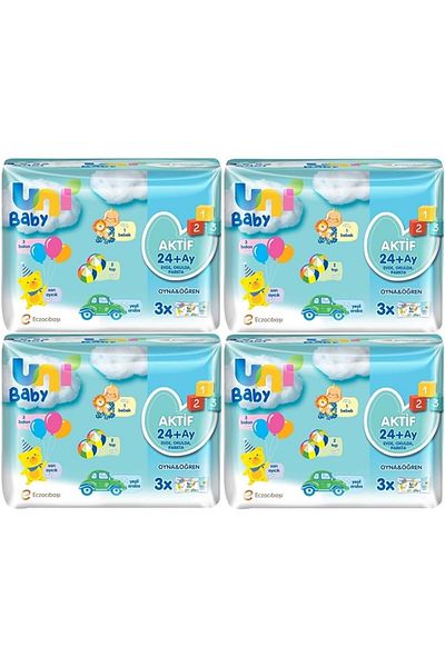 Uni Baby Wet Towel Active - Play and Learn 52 Sheets (Set of 12) 624 Sheets (4Pk*3)