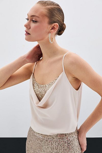 Sateen Blouse with Embroidered Collar - Beige