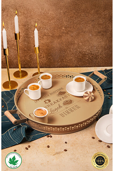 linmetal Ahşap Kulplu Desenli Yuvarlak Metal Servis Tepsisi 37cm, Kahve Tepsi...