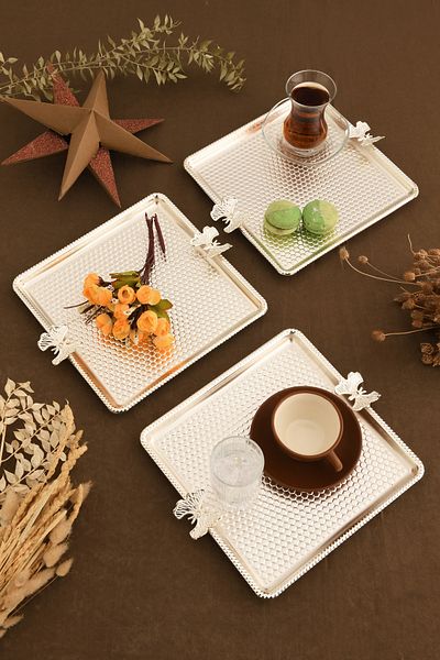 AKSESUAR EVRENİ Karev Square Honeycomb Model Butterfly Detailed Presentation Tray Silver Set of 3