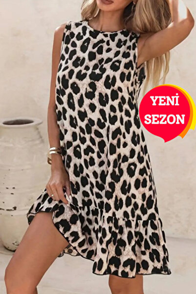 Kokosh moda Kadın Sırt Detaylı Fırfırlı Leopar Desen Elbise