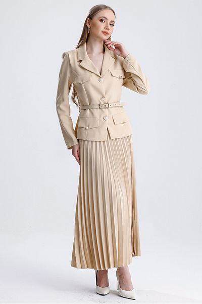MD trend Women's Pleated Skirt and Belted Short Jacket with Pockets Double Classic Set