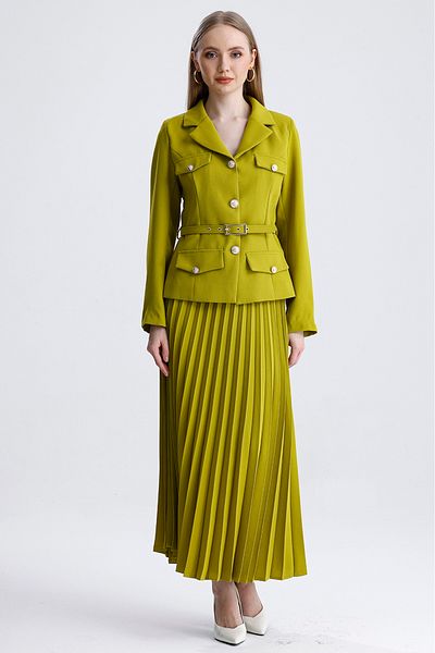 MD trend Women's Pleated Skirt and Belted Short Jacket with Pockets Double Classic Set