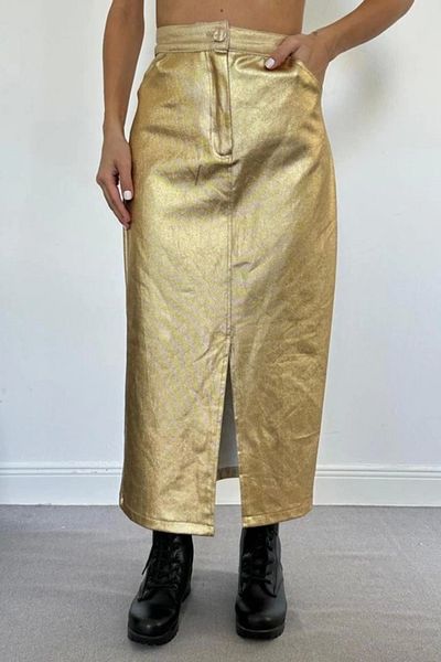 Butik Gold Leaf Gabardine Slit Skirt