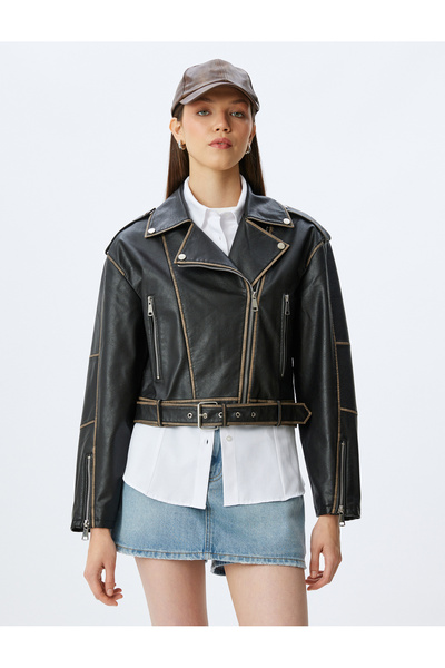 Koton Jachetă motociclist spălată cu fermoar din piele artificială, cu detaliu de curea