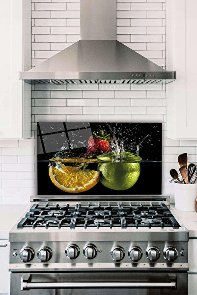 Vosevu Su İçinde Elma Limon Cam Ocak Arkası Koruyucu, Isıya Dayanıklı, Tezgah...