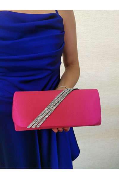 NAZART Γυναικείο βραδινό φόρεμα φούξια με πέτρες Clutch Portfolio Chain Strap Hand Wedding Engagement Night Shoulder Bag