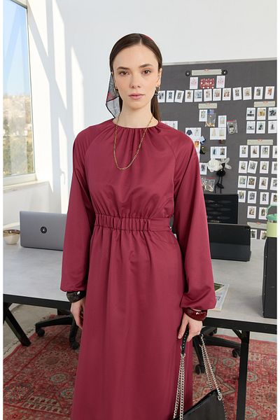 Fatma Atasoy Burgundy Dress with Gathered Belt