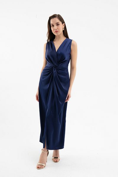 Lafaba Women's Navy Blue Knot Detailed Midi Satin Dress