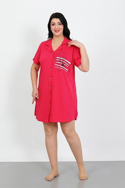 Celira Large Size Combed Cotton Buttoned Fuchsia Tunic Nightgown