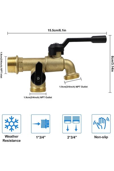 COOYA Outdoor Double Taps Water Faucet, Wall Mounted Garden Two 3/4 inch Brass Ball Valves Water Tap