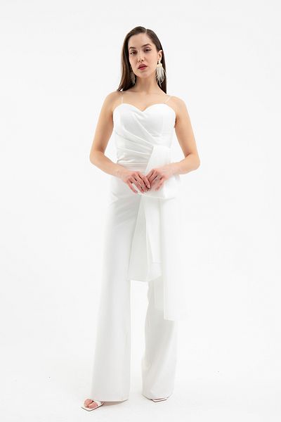 Lafaba Women's White Strapless Neckline Tailed Long Evening Dress Jumpsuit