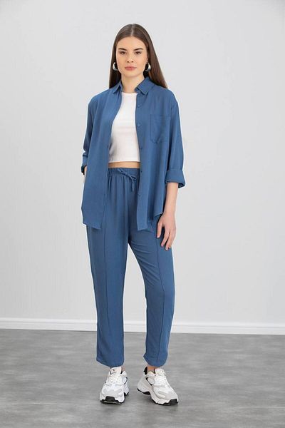 ZF BUTİK Damen Set aus Hemd und Hose aus doppeltem Leinen in Blau
