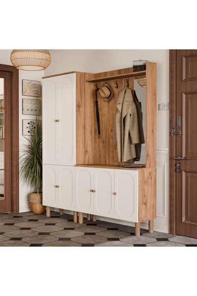 Mezza SET 5094-5091 Roma Sağ Aynalı 7 Kapaklı (MEMBRAN) 9 Askılı Raflı Bohem Portmanto Atlantik Çam-Beyaz