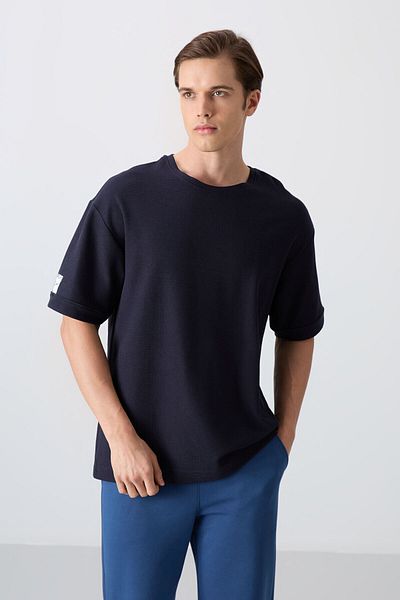 TOMMY LIFE Ανδρικό μπλουζάκι Navy Blue Cotton Thick Surface Texture Oversize Fit Basic - 88339