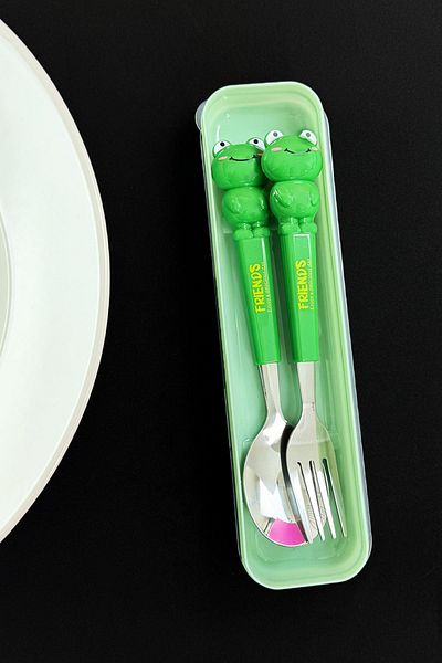 Patladı Gitti Frog Figured Metal Tip Spoon & Fork - Food Spoon School Lunch Box Set