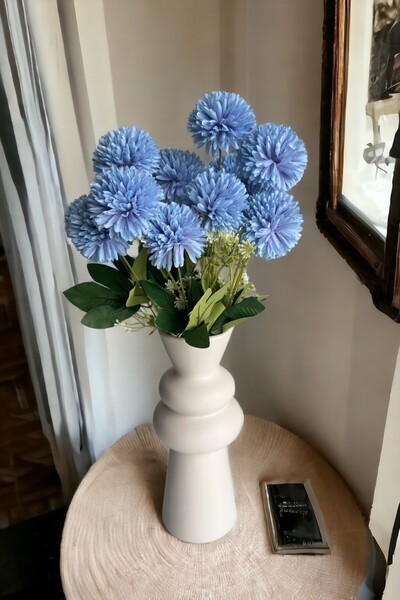 VENCHİ HOME Yapay Bebek Mavisi Renk Kasımpatı Krizantem Yapay Çiçek Buketi ( 7 Adet Çiçekli )
