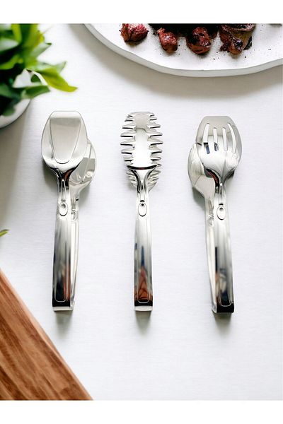 Fiyakalı Ürünler Atölyesi Silver Salad, Pasta and Cake Serving Serving Tongs, Stainless Steel Food Tongs Set