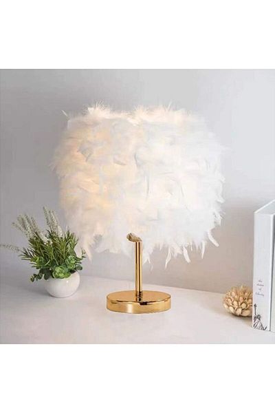 COOYA Portable Modern Style Table Lamp, Antique Designed Decoration  with Feather Lampshade White