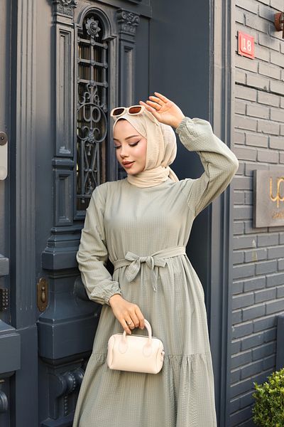 modessia Women Mint Green Plain Fold Fold Belted Long Seersucker Fabric Hijab Dress Gd0305