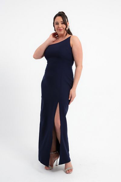 Lafaba Women's Navy Blue One Shoulder Slit Large Size Long Dress