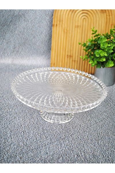 Qualitev 26 cm Glass Footed Beaded Presentation Plate Cake Cake Dessert Presentation Stand-Adenya