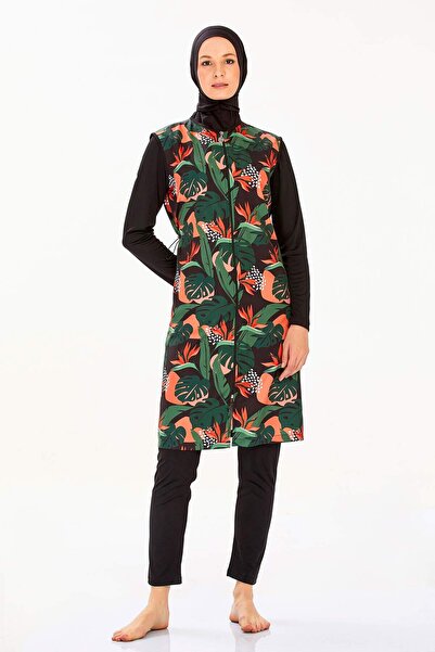 Elit Black Green Leaf Pattern Long Sleeve Zippered Full Covered Hijab Swimsuit 9265