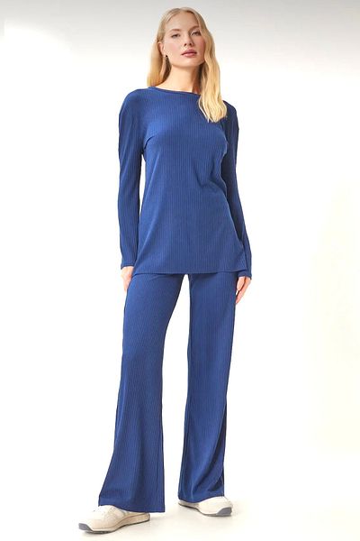 ModaAyşeli Blue Corded Slit Sax Blue Bottom Top Set Ay102