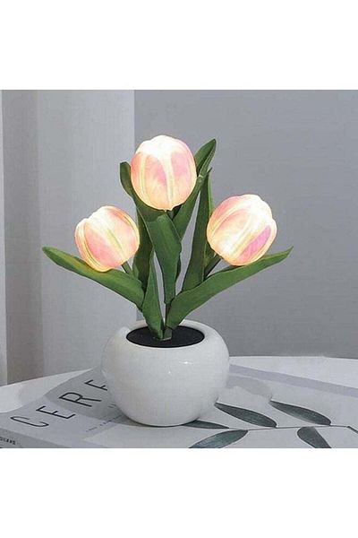 COOYA Tulip Desk Lamp, Night Light 3 Heads with Tulip Artificial Flower Craft Gifts Desk Ornament-Pink