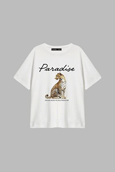 CİNEMA MODA Tricou alb unisex cu imprimeu Paradise, potrivire confortabilă 30/1
