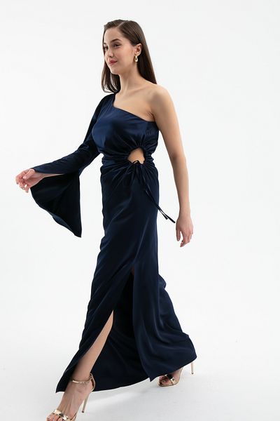 Lafaba Women's Navy Blue One Sleeve Gather Detail Long Satin Dress