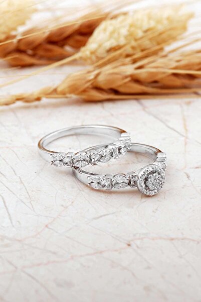 Sümer Telkari Rodyumlu Gümüş Tektaş Ve Alyans Yüzük Kombini 5980