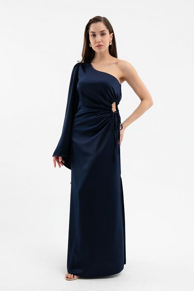 Lafaba Women's Navy Blue One Sleeve Gather Detail Long Satin Dress