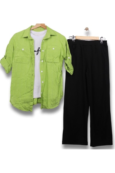 İrem Çocuk Giyim طقم قميص وبنطلون مكتوب عليه ثقة الفتاة باللون الأخضر الفستقي...