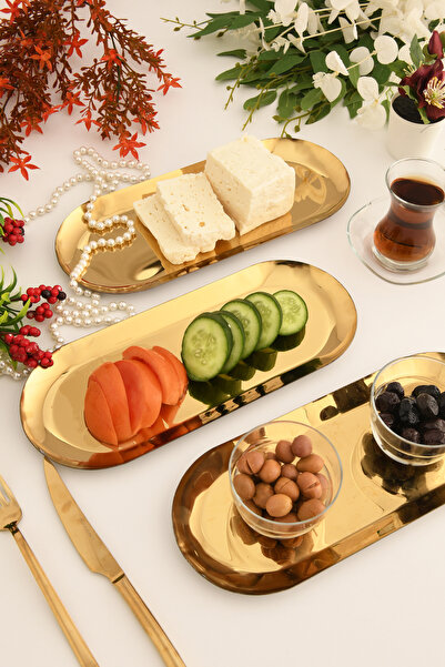 AKSESUAR EVRENİ Barel Paslanmaz Oval Sunum Tepsisi 3 Lü Takım