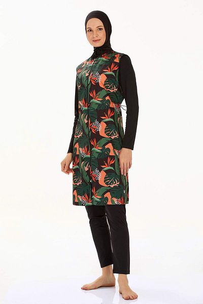 Elit Black Green Leaf Pattern Long Sleeve Zippered Full Covered Hijab Swimsuit 9265