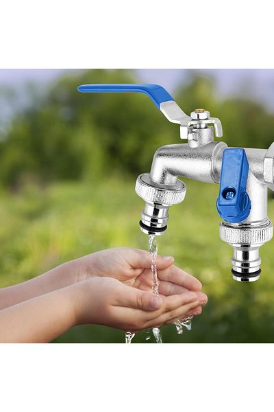 COOYA Double Outlet Tap, with 2 x Free Hose Connections, 1 x Roller Sealing Tape, Brass, Hose Nozzle