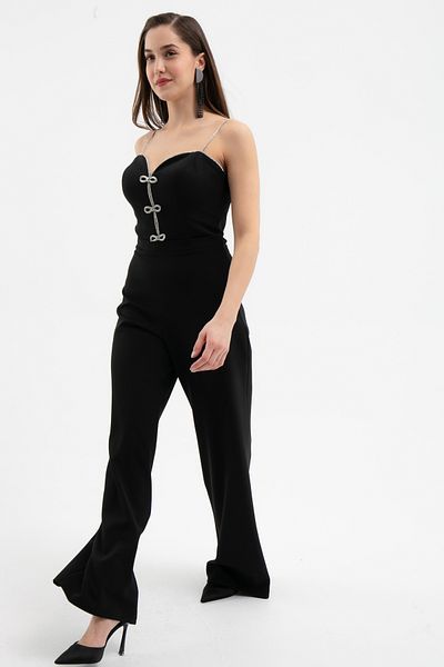 Lafaba Women's Black Stone Strap Bow Detailed Evening Dress Jumpsuit