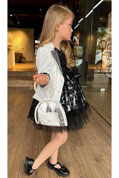 Riccotarz Blazer brodat cu paiete pentru fetiță, cu detaliu trandafir pe o haină albă Rochie fără mâneci din tul transparent
