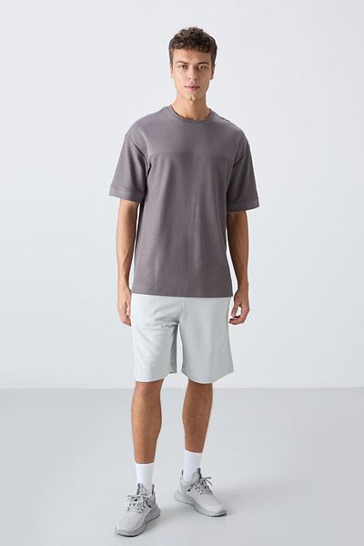 TOMMY LIFE Dark Gray Cotton Thick Surface Textured Oversize Fit Basic Men's T-Shirt - 88340